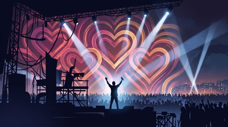 A conceptual stage with spotlights and abstract heart patterns in neon colors.