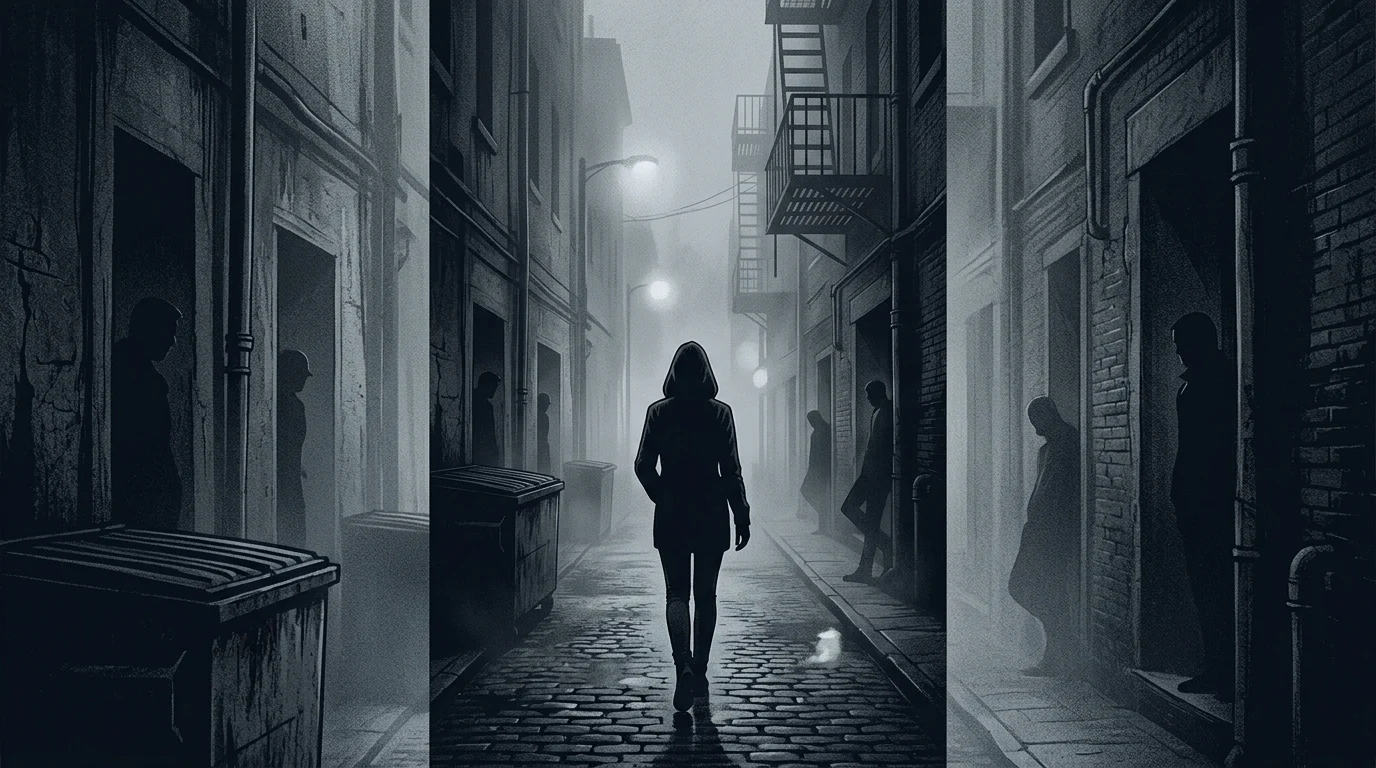 A stylized scene of a woman being followed by silhouettes.