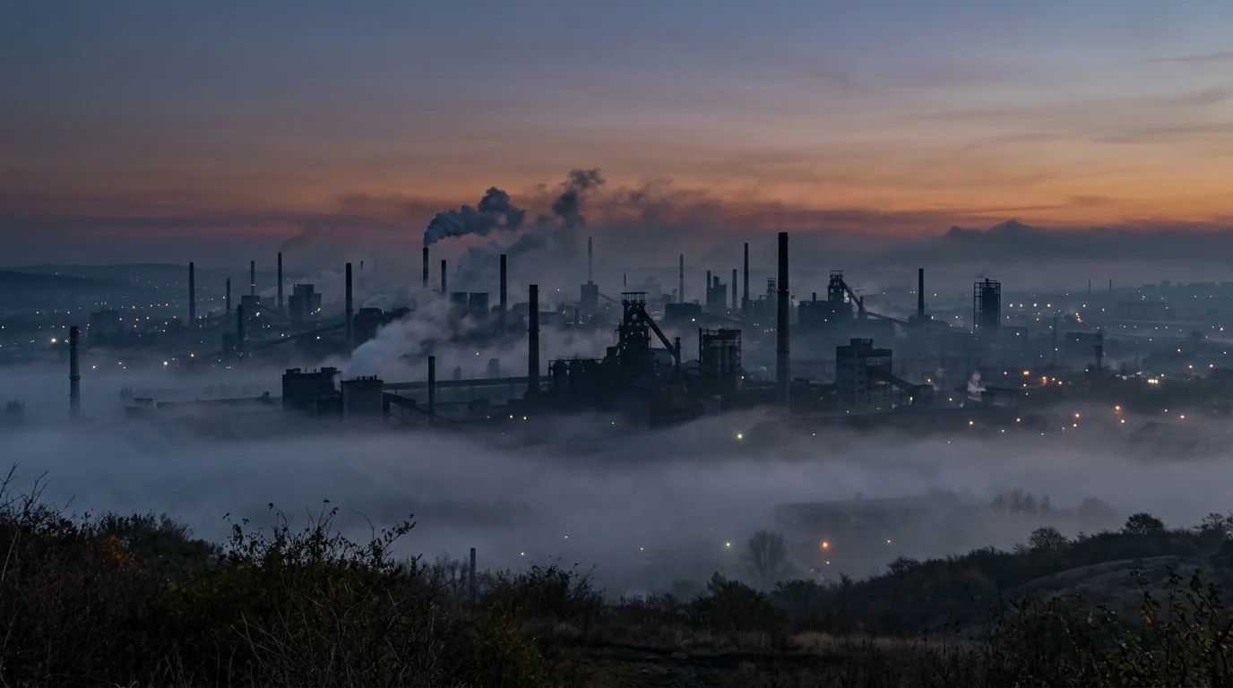 A dark, foggy industrial city skyline at dusk.