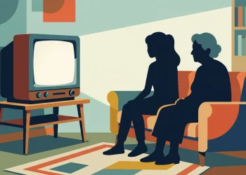A conceptual illustration of a retro sitcom setting representing a grandmother and granddaughter relationship.