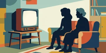 A conceptual illustration of a retro sitcom setting representing a grandmother and granddaughter relationship.