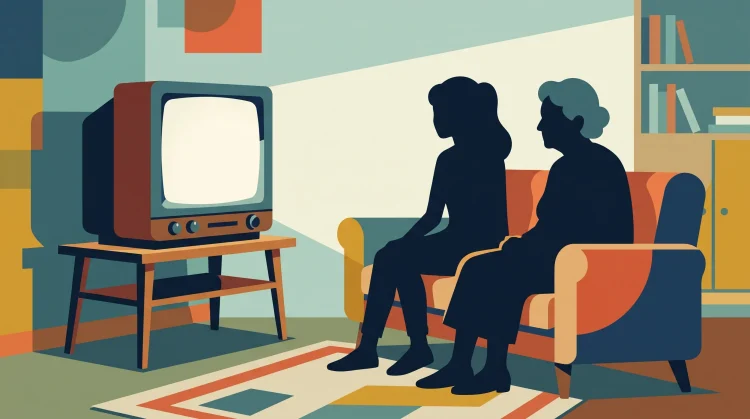 A conceptual illustration of a retro sitcom setting representing a grandmother and granddaughter relationship.
