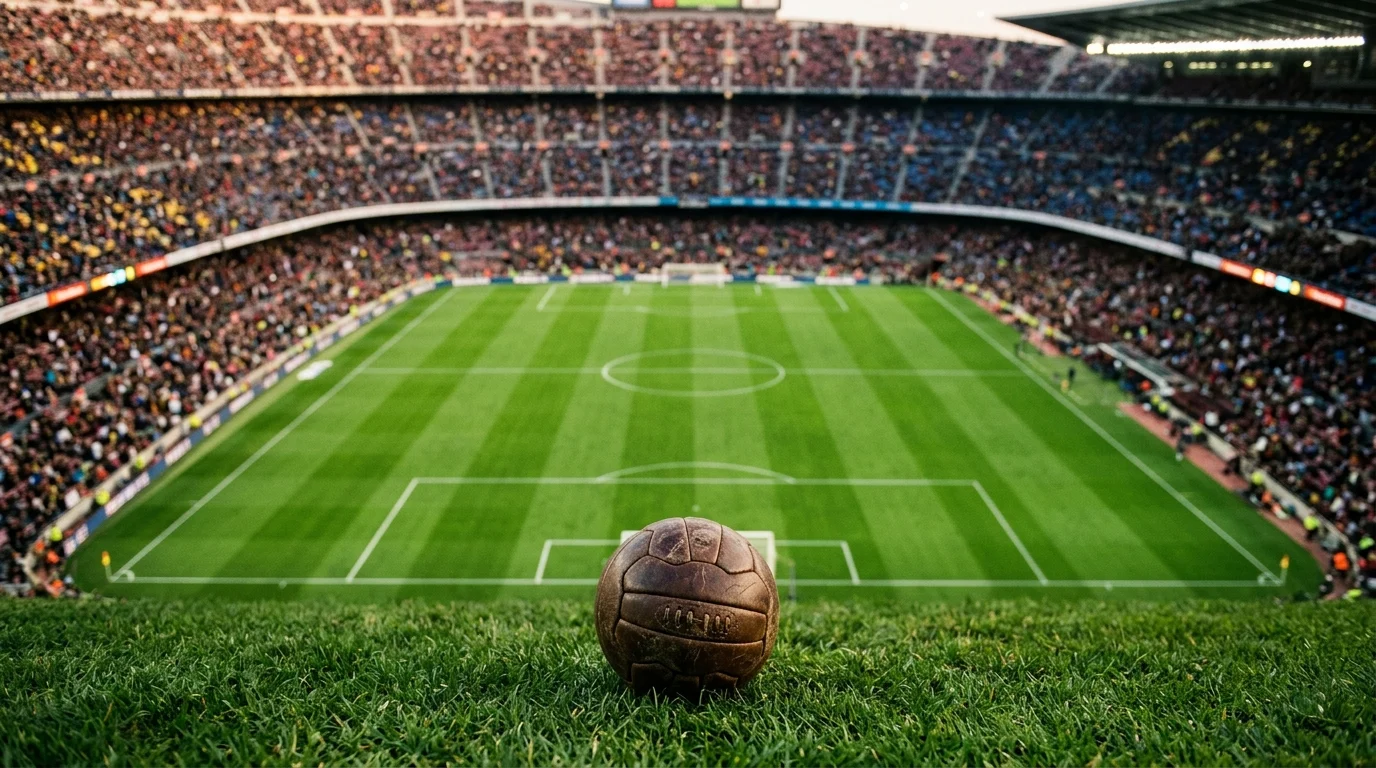 A soccer pitch from a high angle with a ball in the foreground.