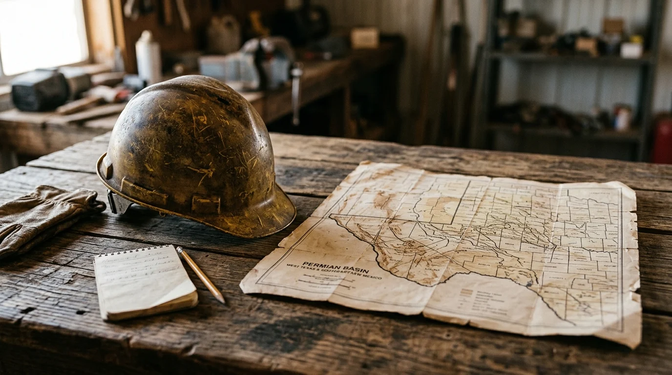 A hard hat and map of the Permian Basin on a wooden table.