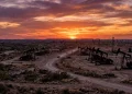 A sunset silhouette of oil pumpjacks in a Texas field.