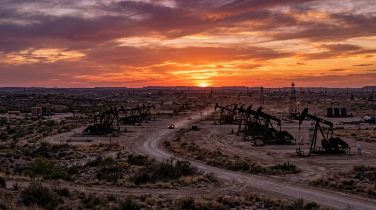 A sunset silhouette of oil pumpjacks in a Texas field.