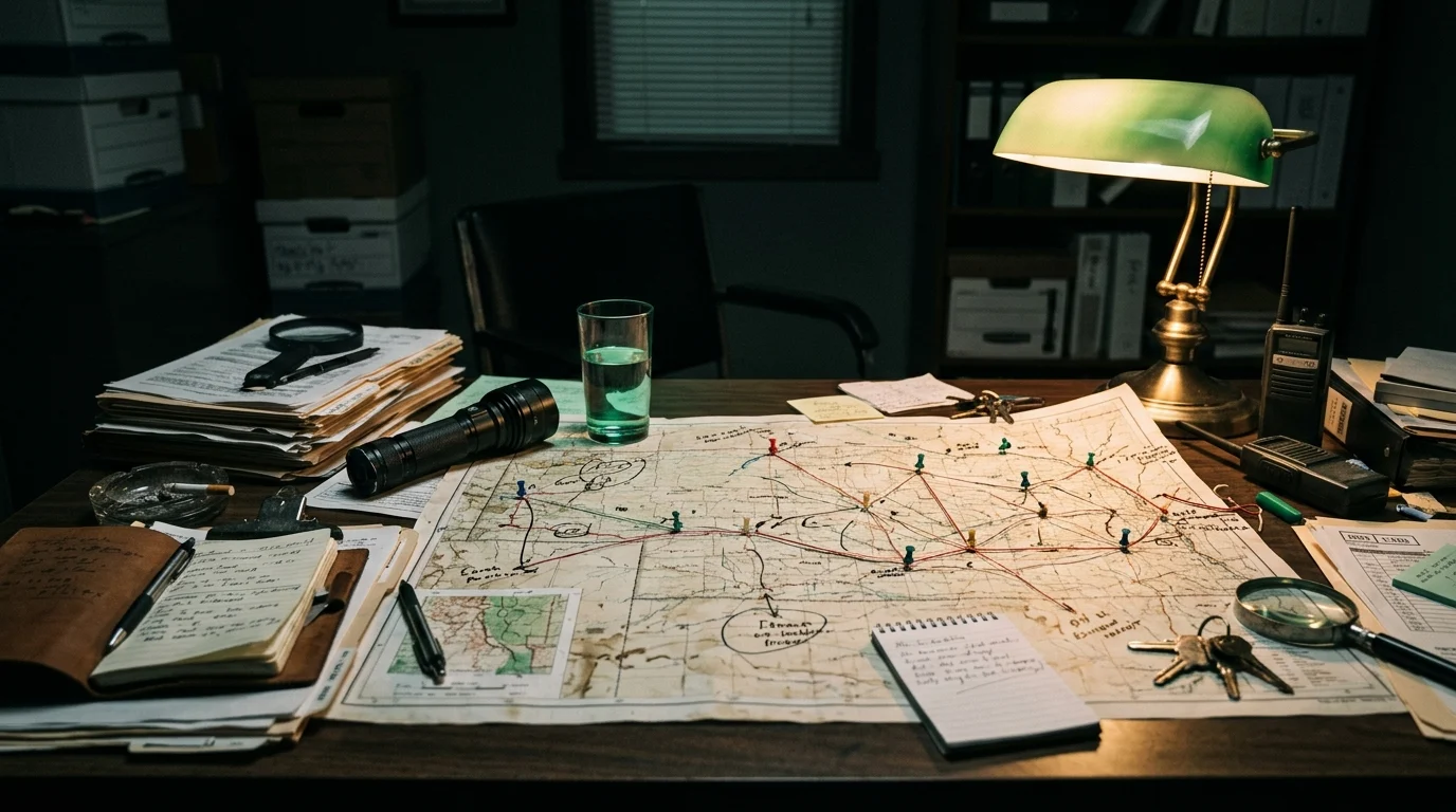 A detective's desk with a map of Nebraska and a green light reflection on water.