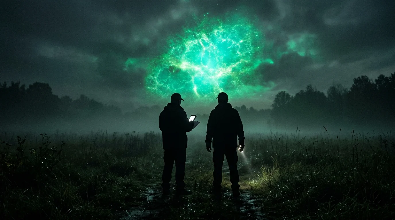 Silhouettes of two investigators looking at a green celestial light in a field.