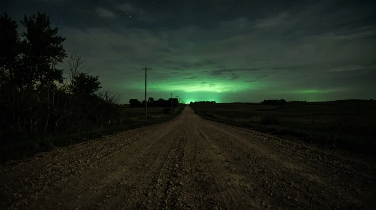 A rural Nebraska road at night glowing with a mysterious green light from the horizon.