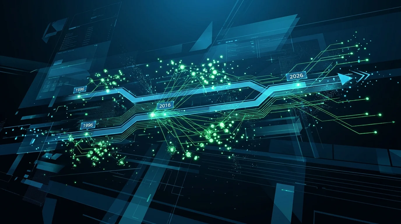 A digital representation of three distinct timelines in a dark blue and green interface.