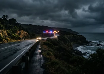 A dark, moody Australian highway at night with emergency vehicle lights blurred in the distance.