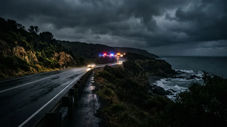 A dark, moody Australian highway at night with emergency vehicle lights blurred in the distance.