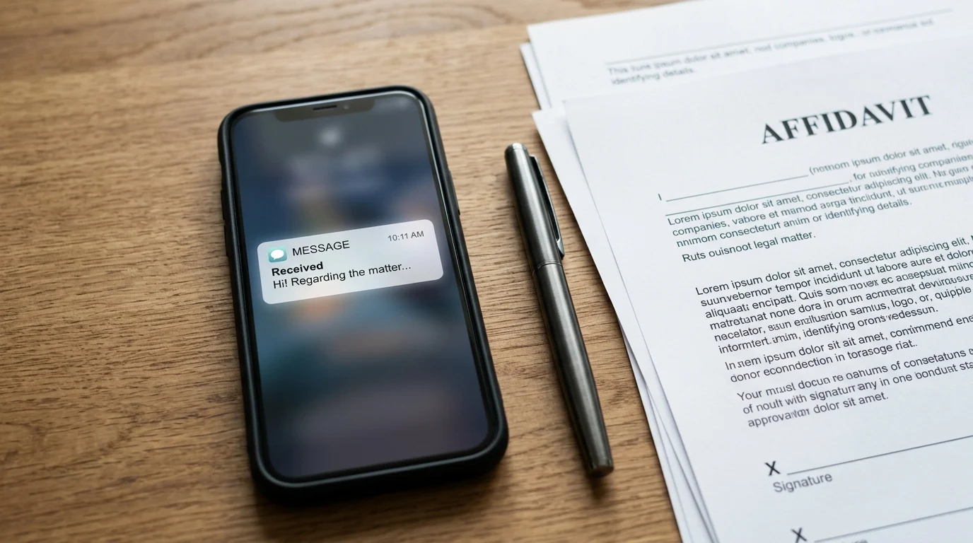A smartphone with a message notification next to legal papers.