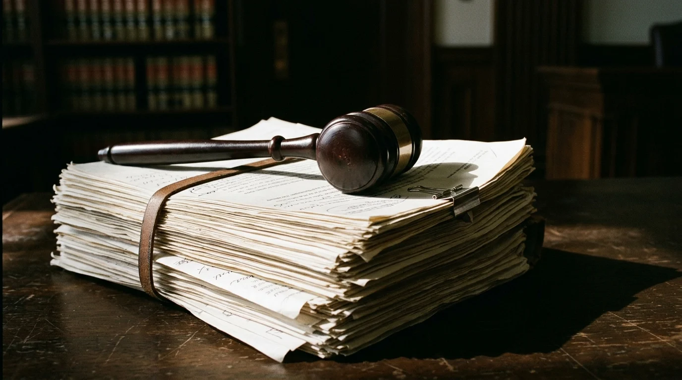 A gavel and legal papers representing a court filing.