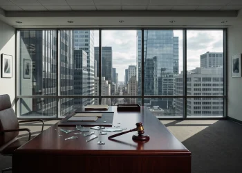 A conceptual depiction of a damaged luxury law office with city lights in the background.