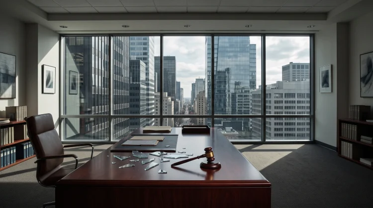 A conceptual depiction of a damaged luxury law office with city lights in the background.