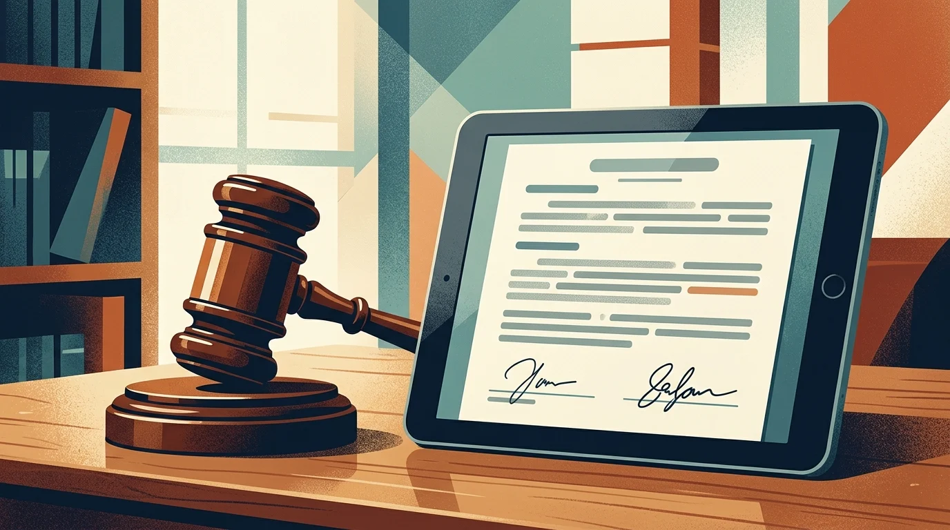Digital illustration of a gavel and a legal document on a tablet.