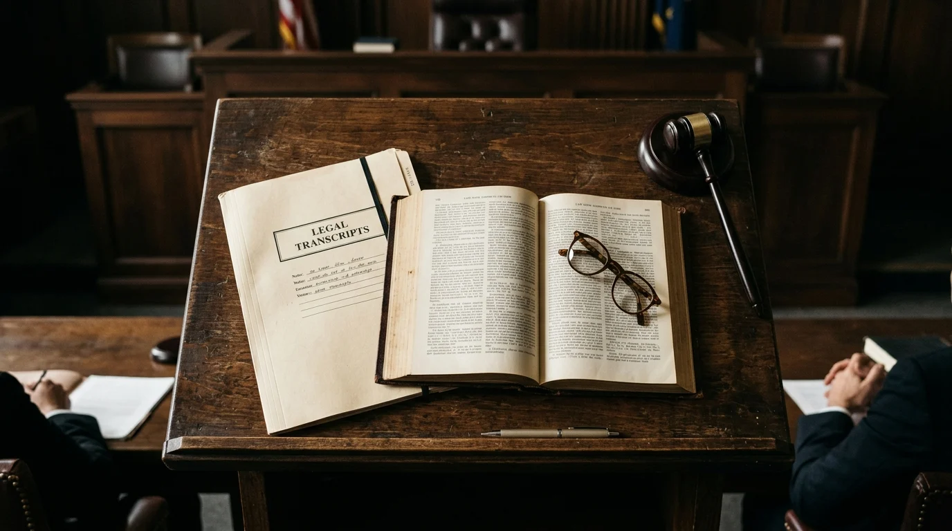 A law book and legal documents on a wooden desk.