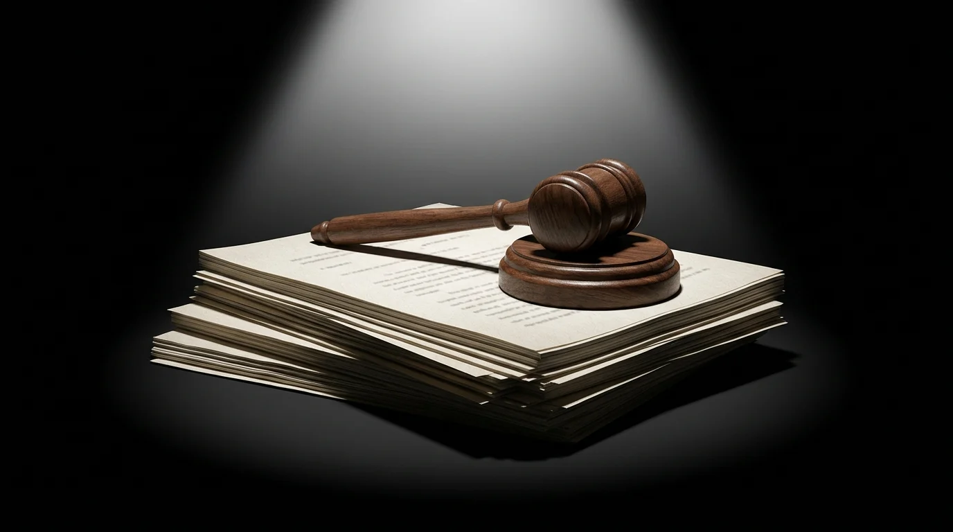 Conceptual image of legal documents and a gavel under a spotlight.