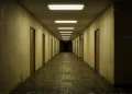 A conceptual view of a liminal, infinite yellow office maze with fluorescent lighting.