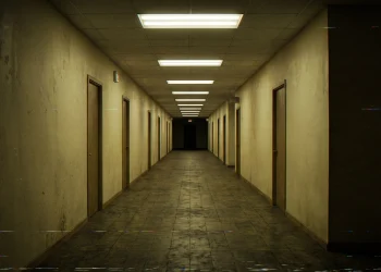 A conceptual view of a liminal, infinite yellow office maze with fluorescent lighting.