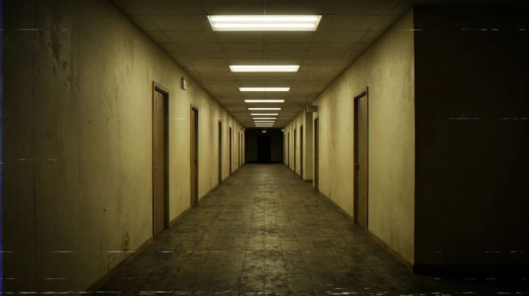 A conceptual view of a liminal, infinite yellow office maze with fluorescent lighting.