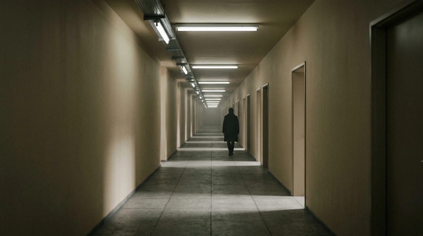 A conceptual depiction of a liminal space hallway with noir lighting.