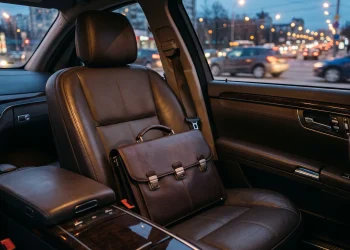 A leather briefcase sitting on the seat of a luxury car at night.