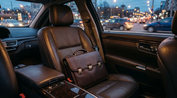 A leather briefcase sitting on the seat of a luxury car at night.