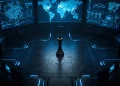 A conceptual image of a chess piece in a high-tech surveillance center.