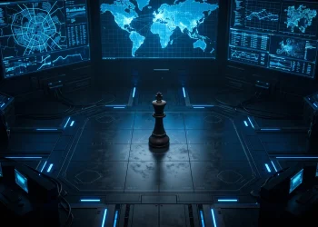 A conceptual image of a chess piece in a high-tech surveillance center.