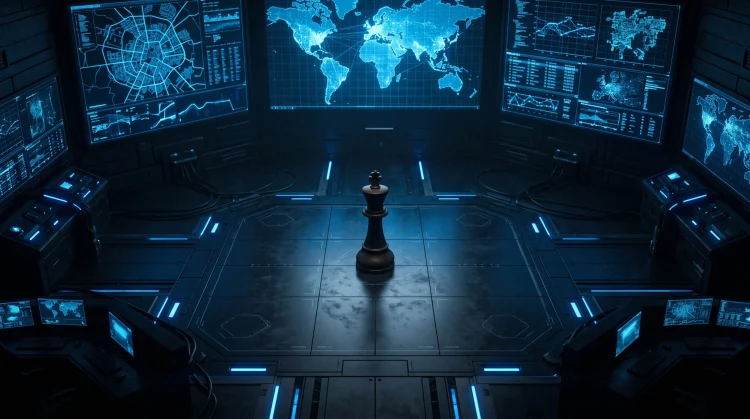 A conceptual image of a chess piece in a high-tech surveillance center.
