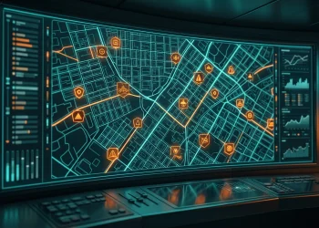 A conceptual view of a digital surveillance interface with global tracking points.