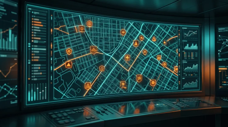 A conceptual view of a digital surveillance interface with global tracking points.