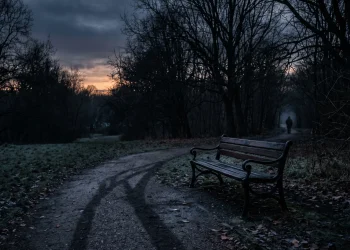 A dark, empty park scene at dusk with long shadows.