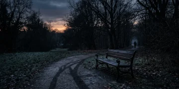 A dark, empty park scene at dusk with long shadows.