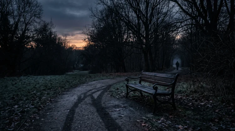 A dark, empty park scene at dusk with long shadows.