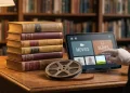A conceptual still life of books and a tablet representing literary television adaptations.
