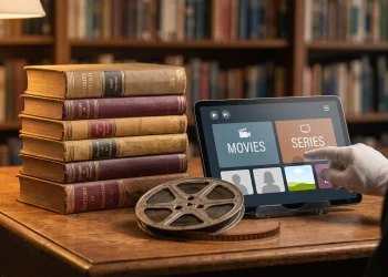 A conceptual still life of books and a tablet representing literary television adaptations.