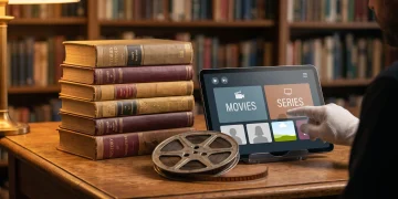 A conceptual still life of books and a tablet representing literary television adaptations.