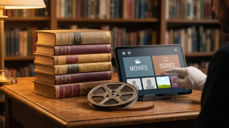 A conceptual still life of books and a tablet representing literary television adaptations.