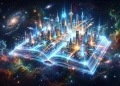 A conceptual digital book with a futuristic city hologram rising from its pages.