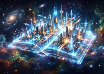 A conceptual digital book with a futuristic city hologram rising from its pages.