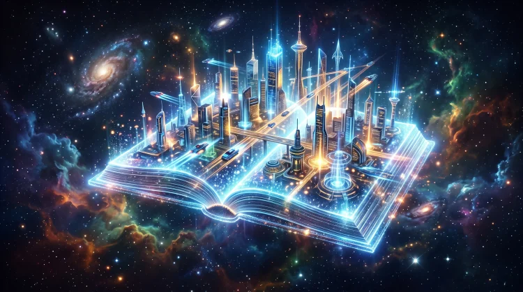 A conceptual digital book with a futuristic city hologram rising from its pages.