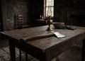 A sharp silver hatchet resting on a wooden table in a Victorian-style room with moody lighting.