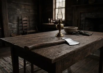 A sharp silver hatchet resting on a wooden table in a Victorian-style room with moody lighting.