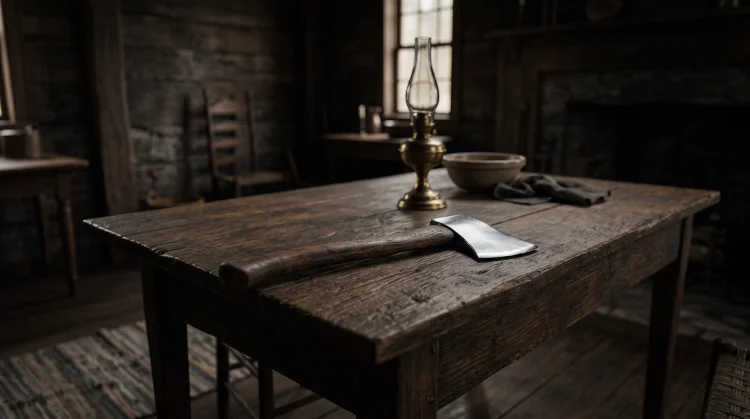 A sharp silver hatchet resting on a wooden table in a Victorian-style room with moody lighting.