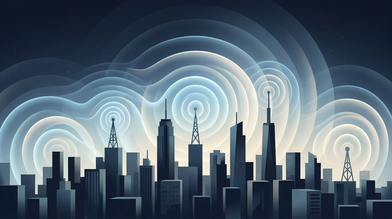 Conceptual visualization of broadcast signals over a city skyline.