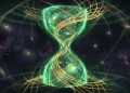 A conceptual illustration of green and gold energy strands weaving through a cosmic void.