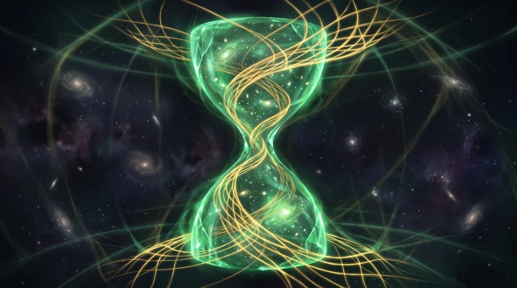 A conceptual illustration of green and gold energy strands weaving through a cosmic void.
